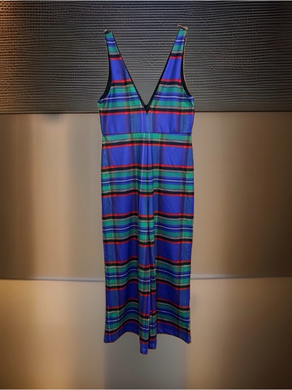 SHINESTY Striped V-Neck Jumpsuit in Blue & Green Plaid-M-GC